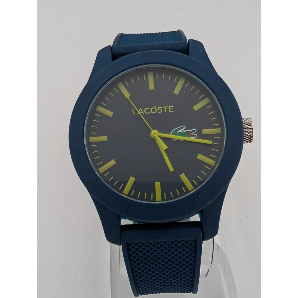 Lacoste Watch Men 43mm Case Navy Blue Textured Silicone Band- New Battery